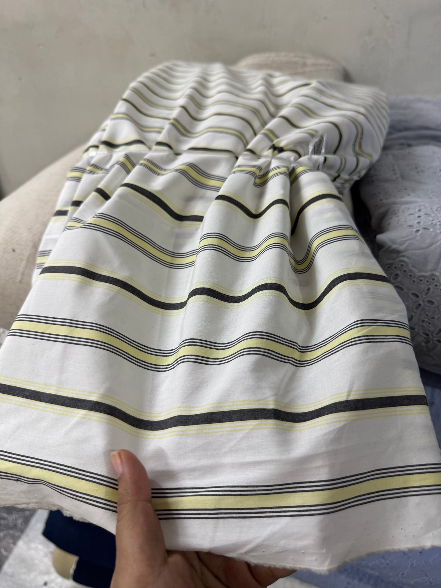 Buy Organic Yarn Dyed Black Green Stripes Printed Fabric