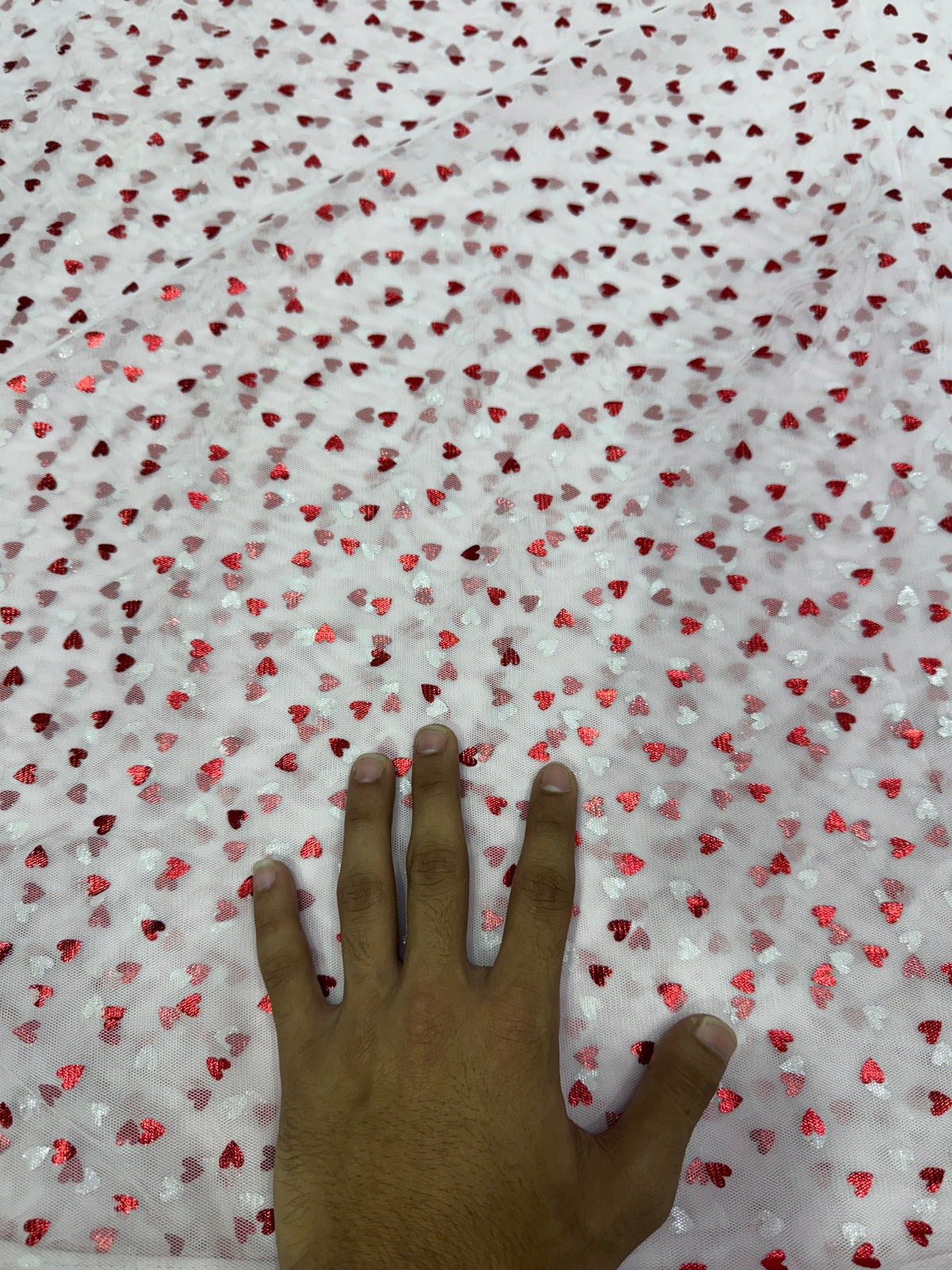 Buy Mesh Pink Red Glitter Heart Print Fabric