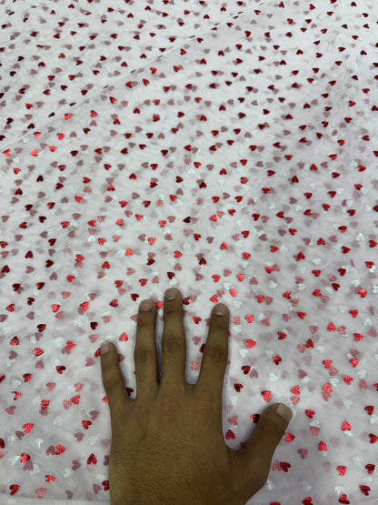 Buy Mesh Pink Red Glitter Heart Print Fabric