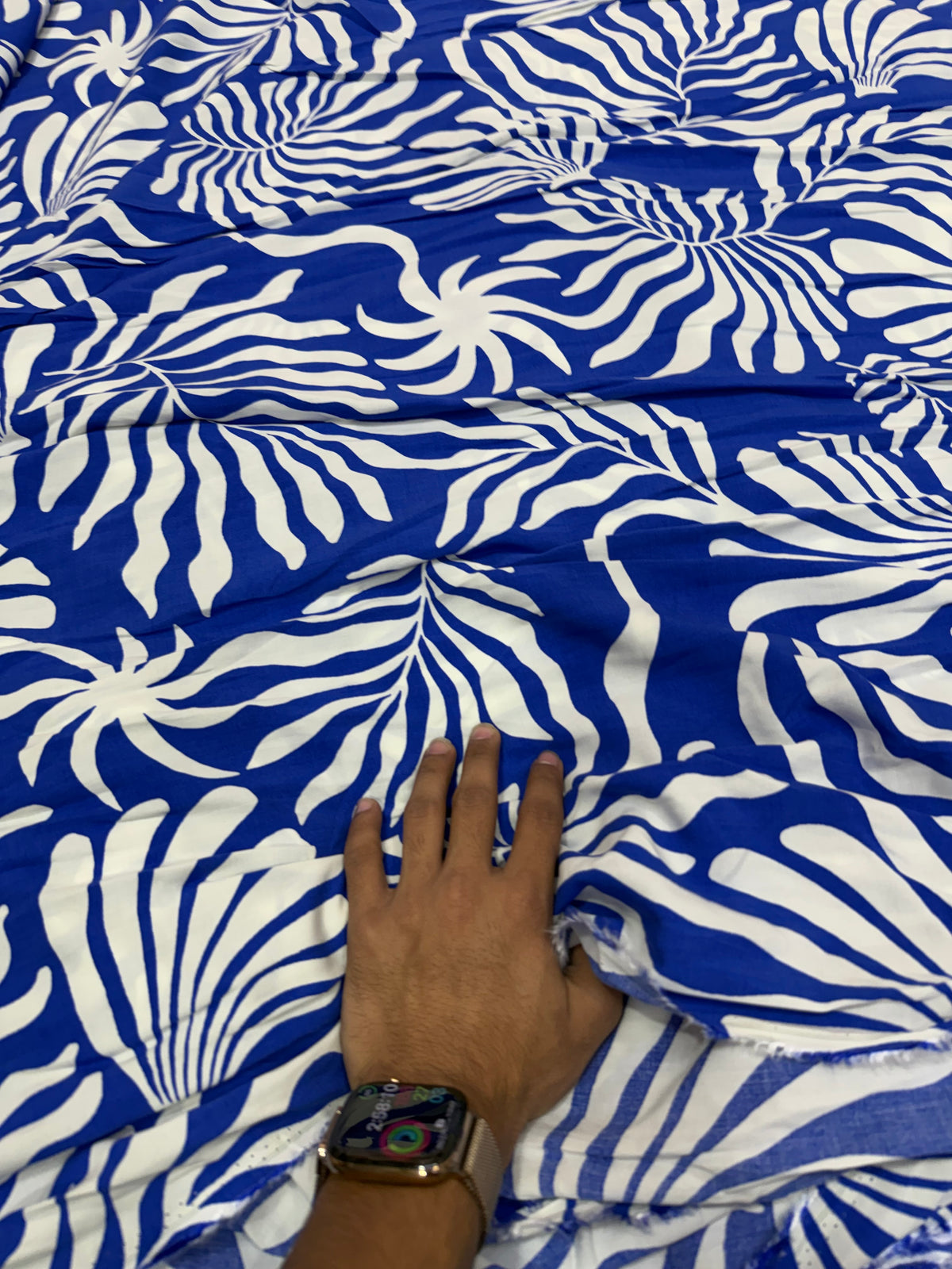 Buy Viscose Rayon Royal Blue White Fern Leaf Print Fabric