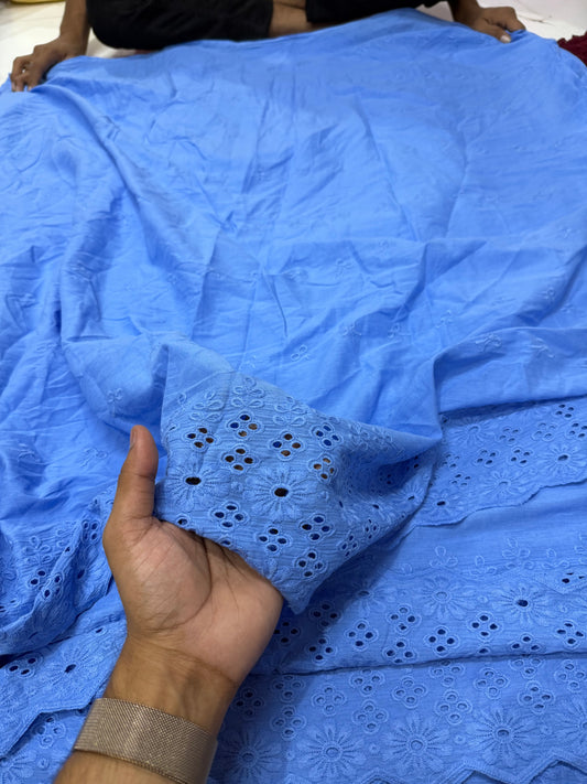 Buy Cotton Hakoba Aqua Blue 4 Flower Border Embroidery - MAF 