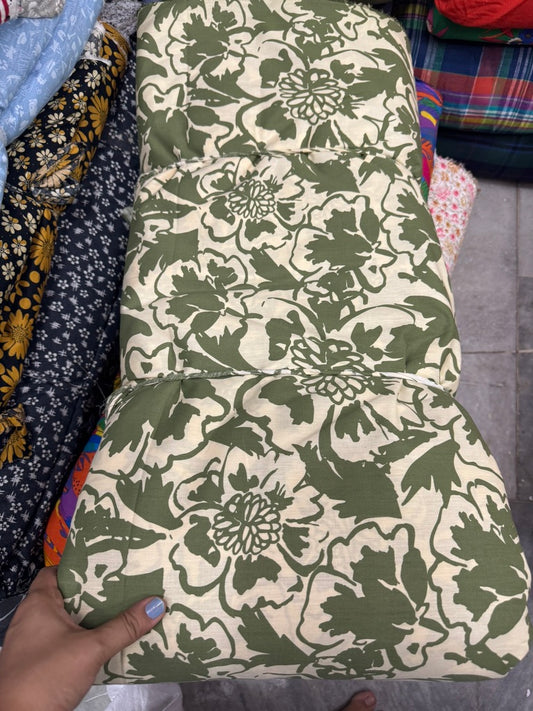 Buy Cotton Poplin Light Green Base Olive Green Line Art Flower Printed Fabric