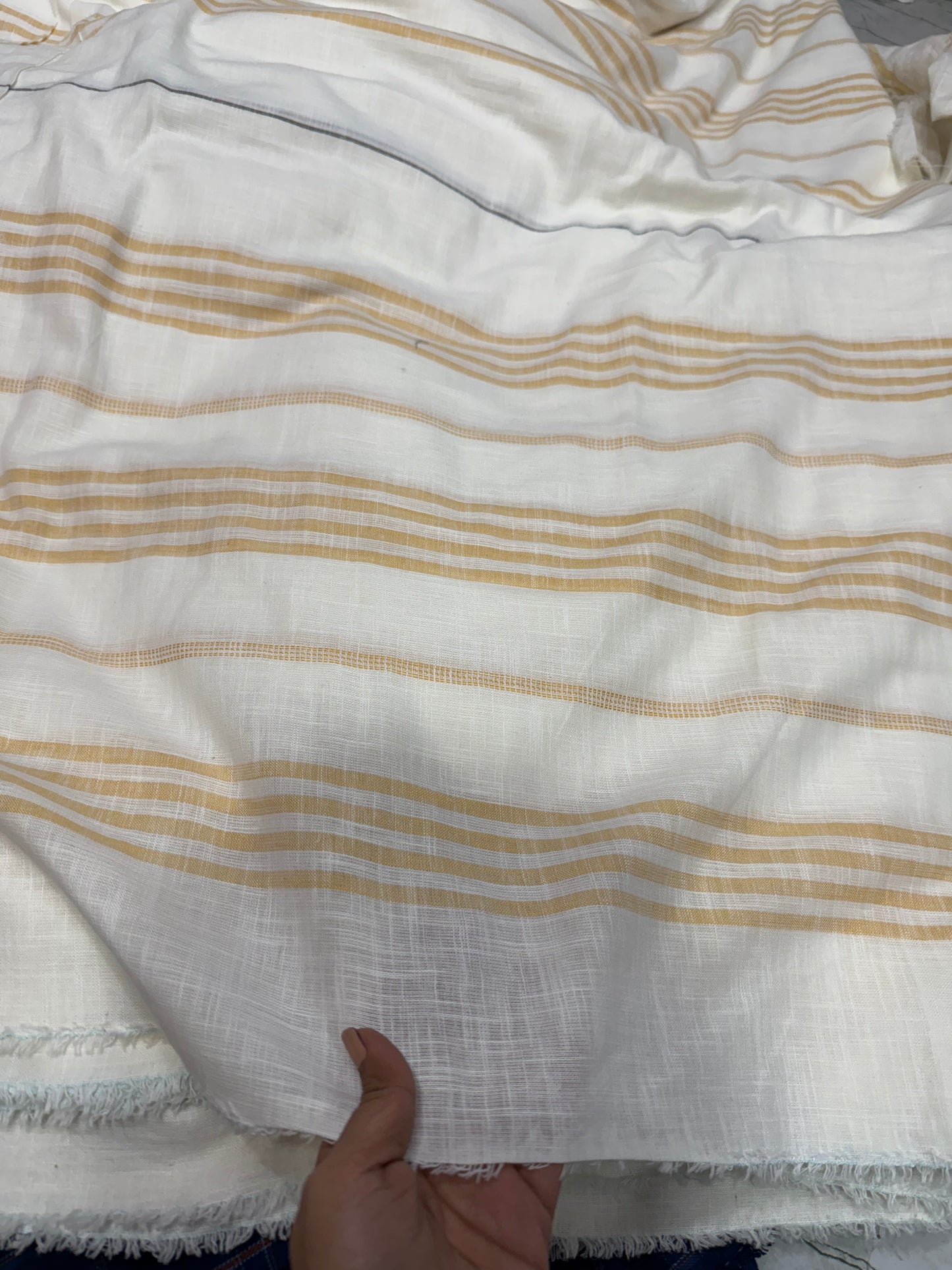 Buy Mul Cotton White Base Beige Stripe Yellow Yarn Dyed Fabric