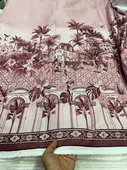 Buy Cotton Poplin Pink Base Bold Palm Tree Border Print Only Fabric