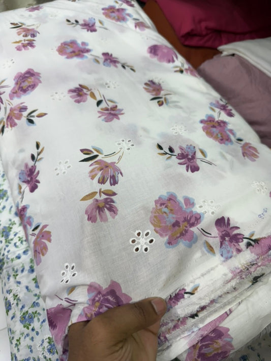 Buy Lavendar Floral Printed Cotton Hakoba Embroidery Fabric