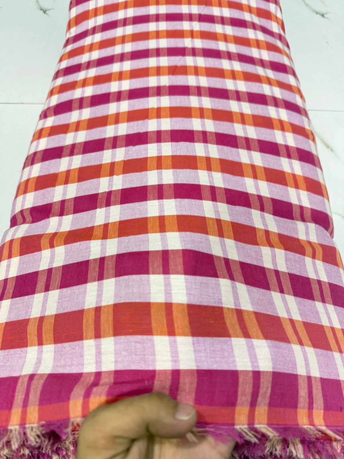 Buy Premium Cotton Madras Check Magenta Orange Fabric