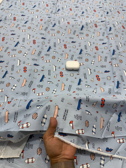 Buy Premium Poplin Print Sky Blue Skateboard Kids Fabric