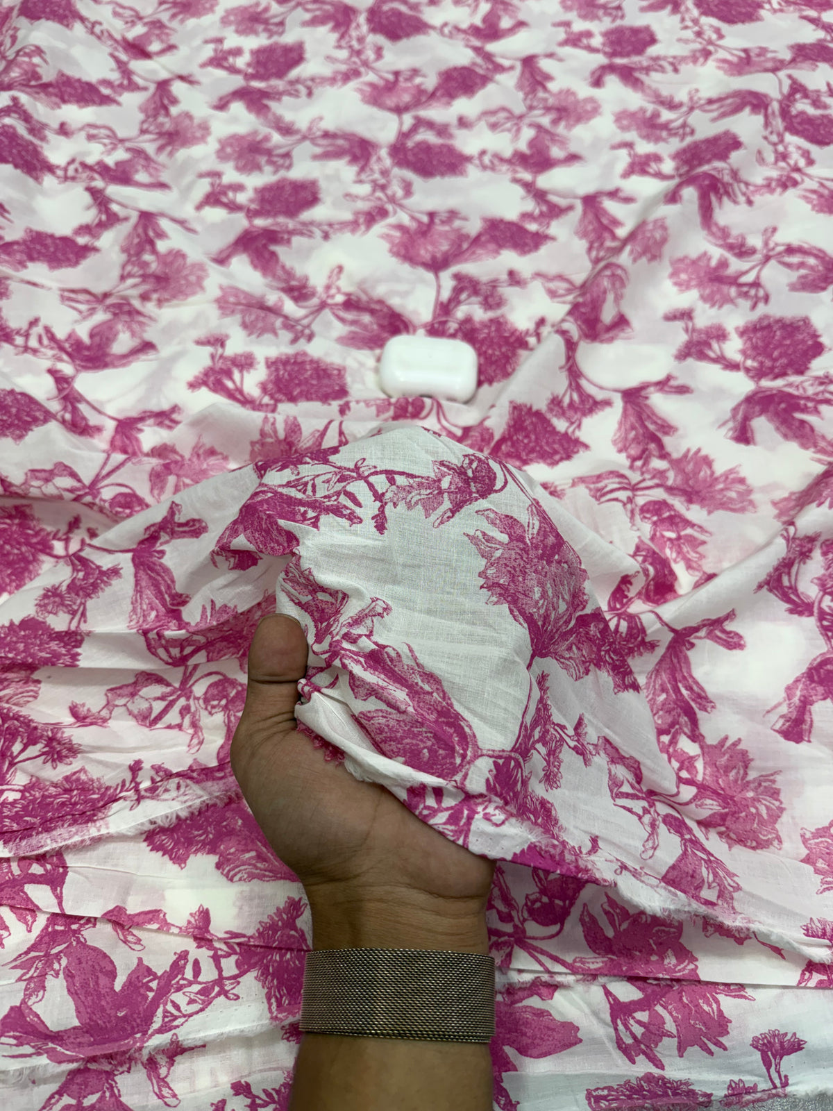 Buy Premium Mul Cotton White Magenta Botanical Branch Print Fabric
