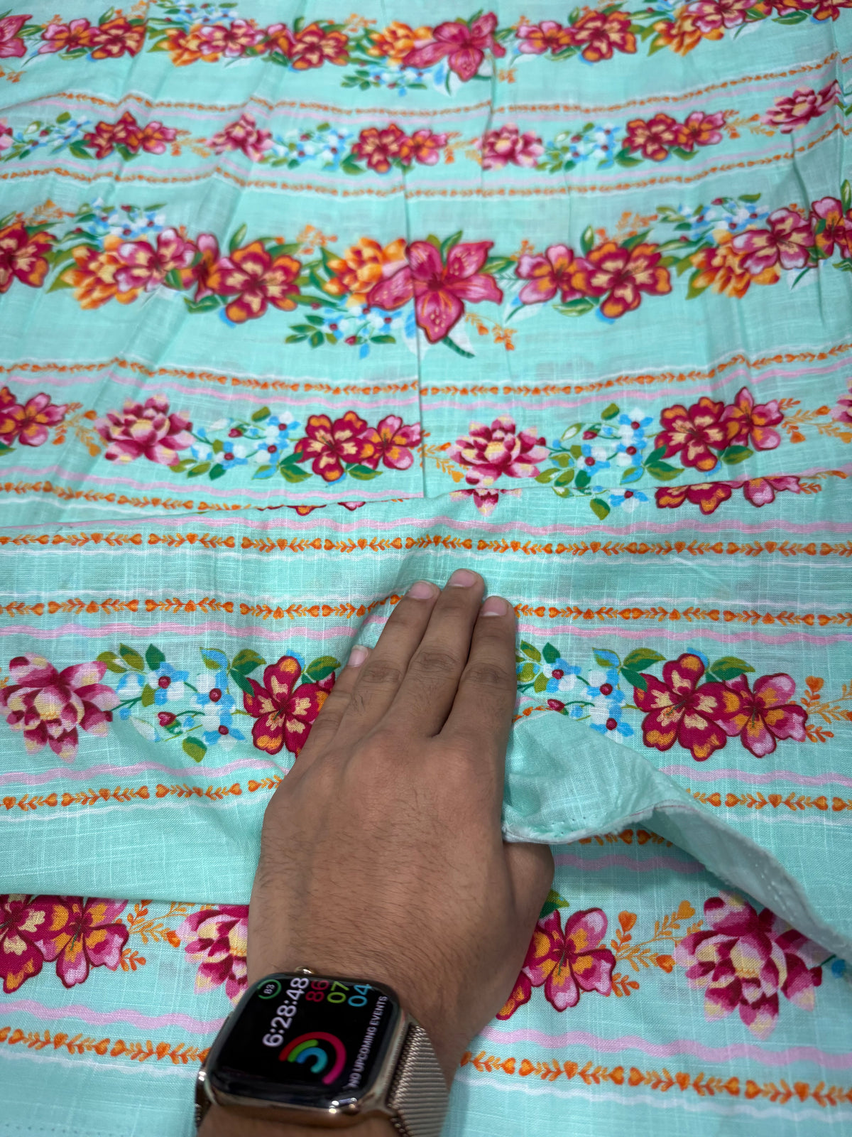 Buy Fine Premium Cotton Slub Sea Green Floral Border Print Fabric