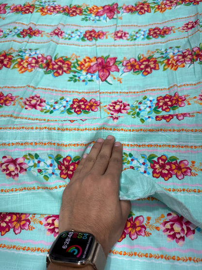 Buy Fine Premium Cotton Slub Sea Green Floral Border Print Fabric