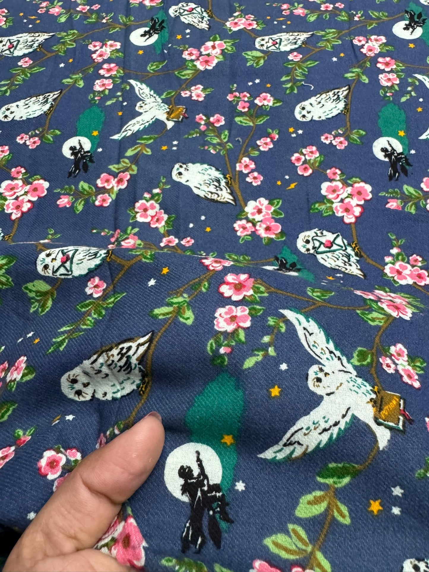 Buy Cotton Twill Blue Base Owl & Floral Printed Fabric