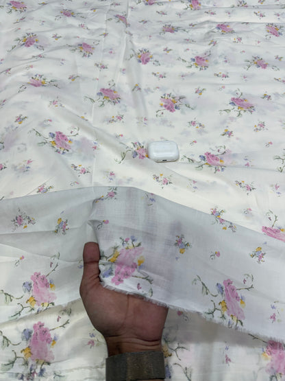 Buy Mul Cotton White Pink Rose Floral Print Fabric