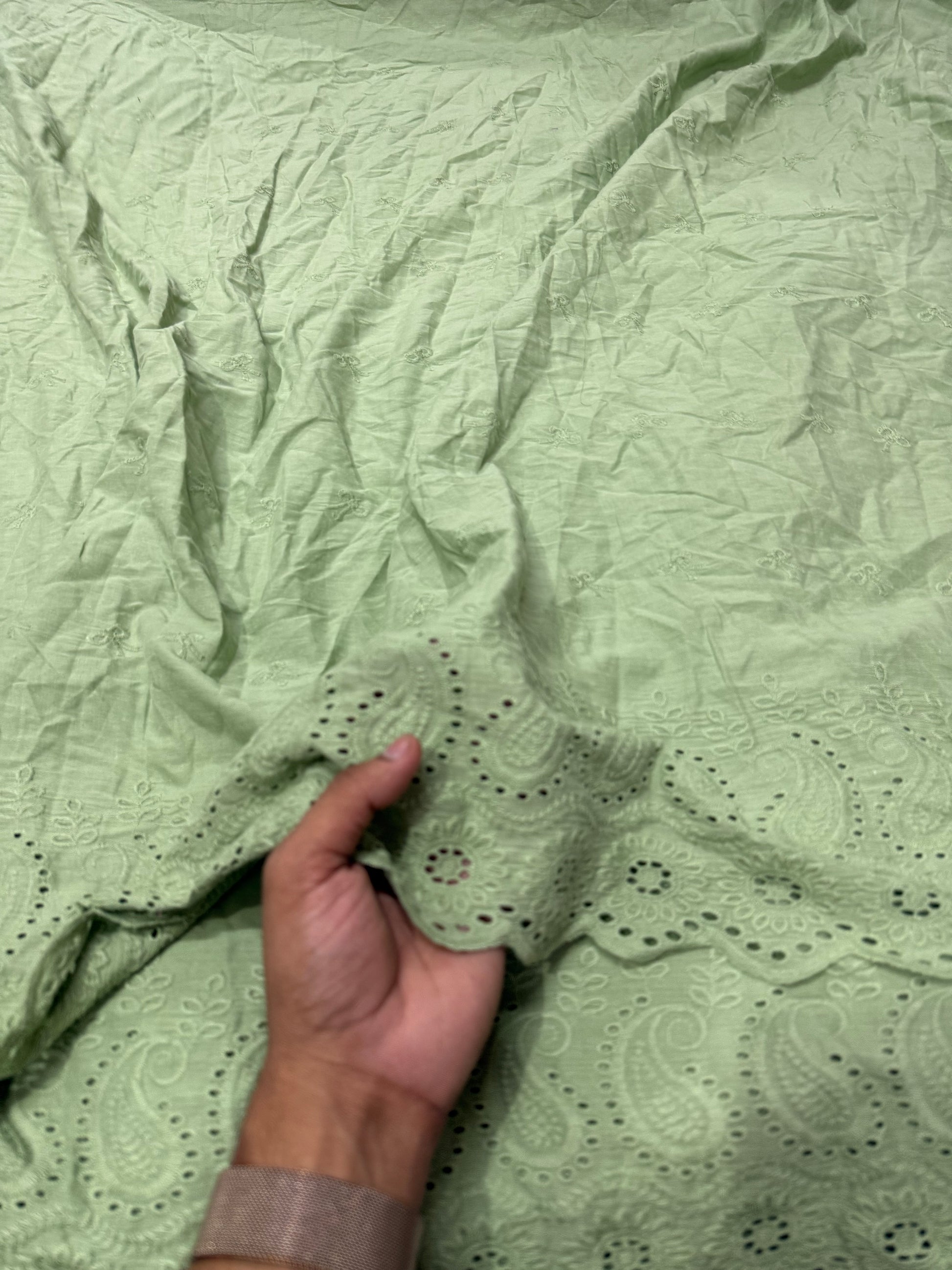 Buy Cotton Hakoba Sage Green Paisley Border Embroidery Fabric - MAF 