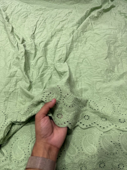 Buy Cotton Hakoba Sage Green Paisley Border Embroidery Fabric - MAF 