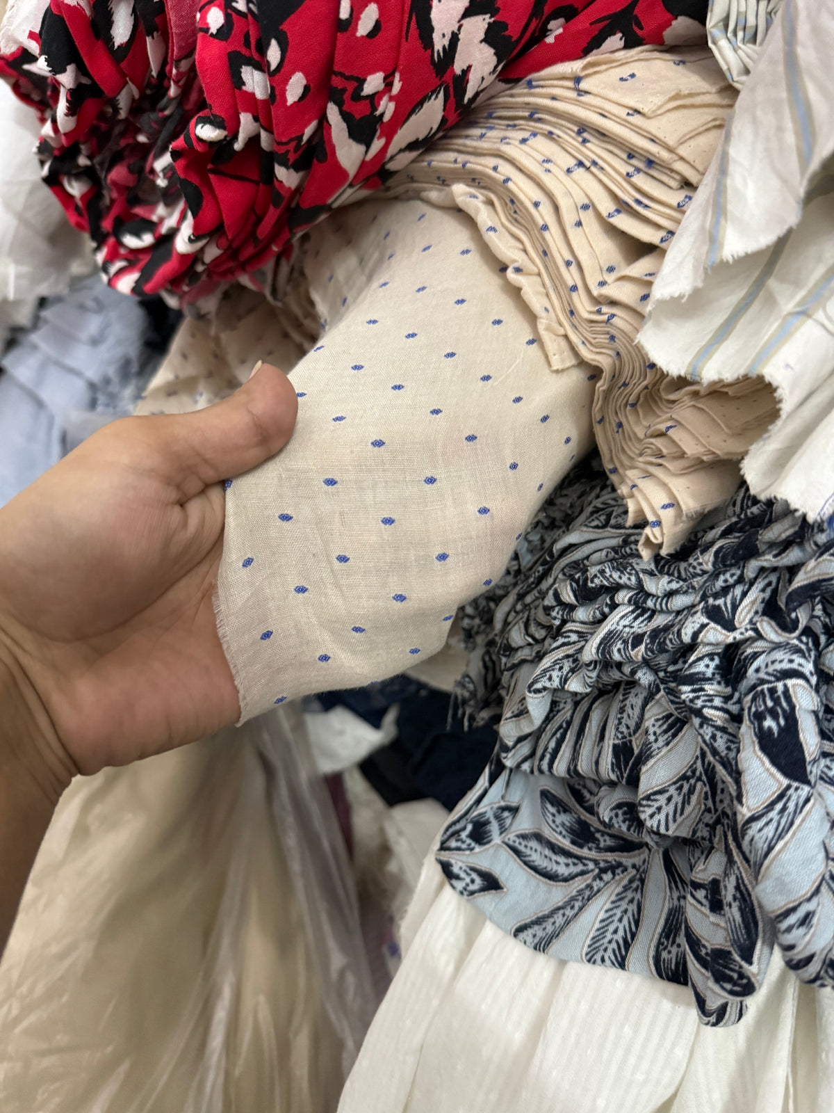 Buy Cambric Beige Blue Buta Dot Fabric
