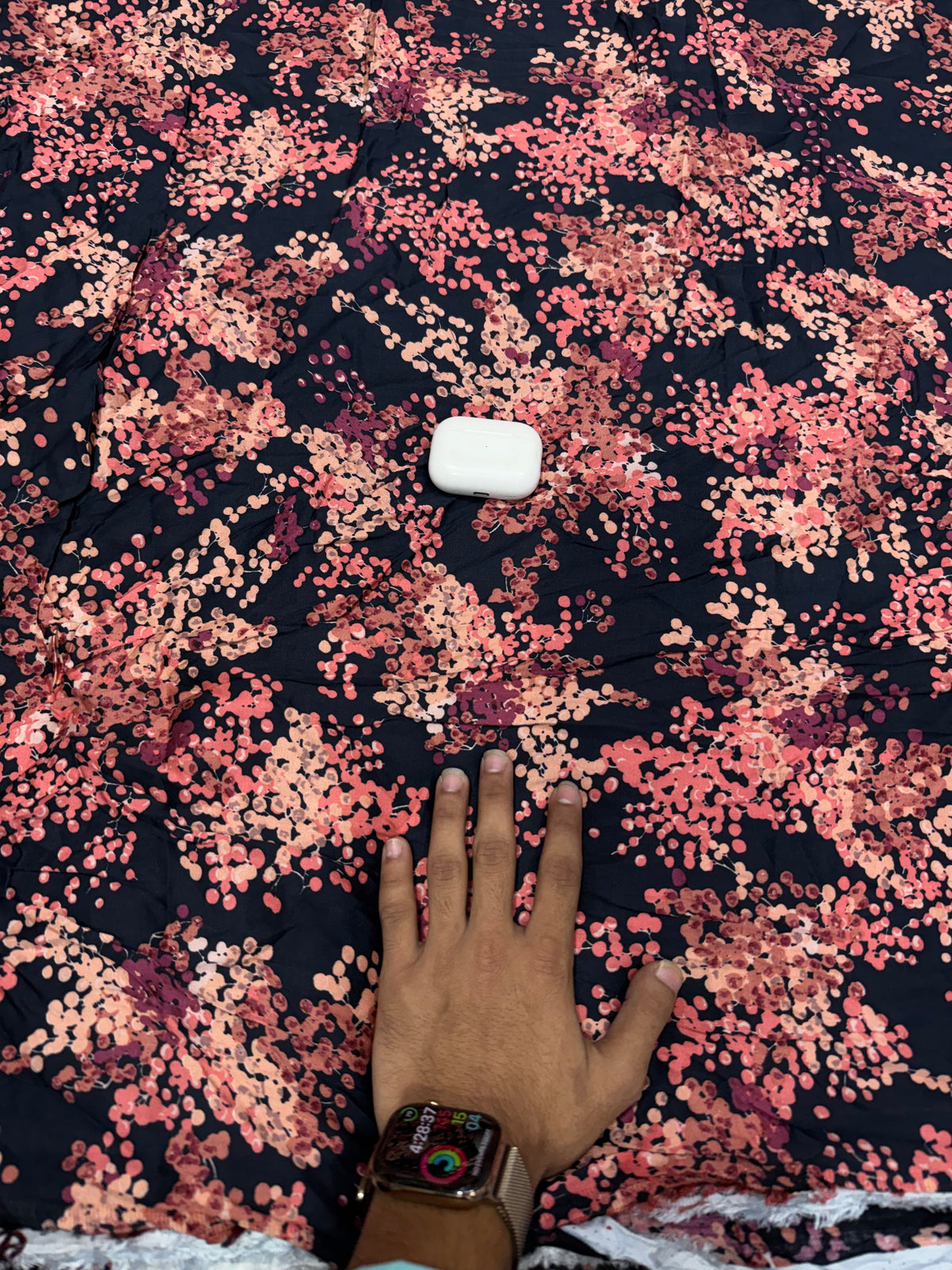 Buy Rayon Satin Black Peach Maroon Scattered Petal Print Fabric
