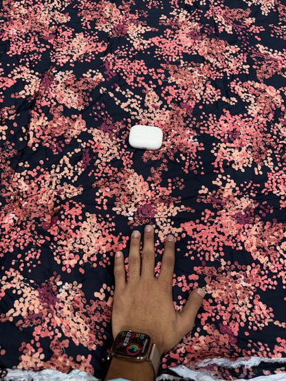 Buy Rayon Satin Black Peach Maroon Scattered Petal Print Fabric