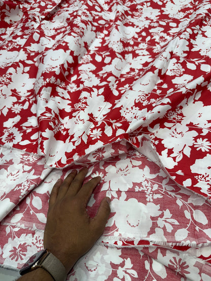 Buy Cotton Poplin Pinkish Red Base White Floral Printed FABRIC
