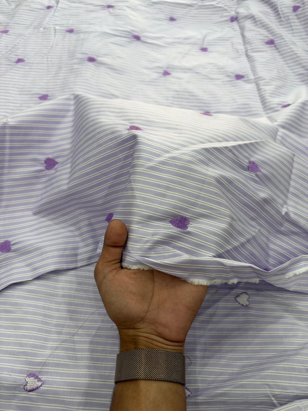 Buy Premium Lavender Poplin Stripe Heart Embroidered Fabric