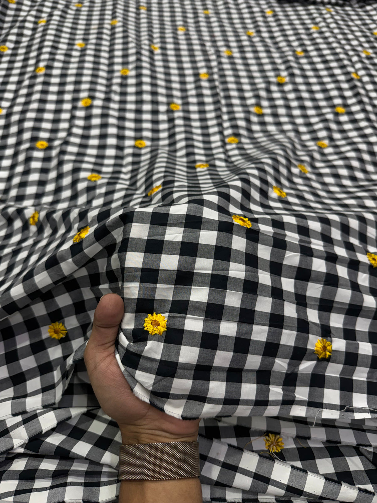 Buy Premium Black & White Gingham Check Embroidered Fabric