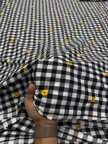 Buy Premium Black & White Gingham Check Embroidered Fabric