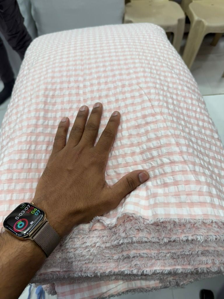 Buy Seersucker Peach White Check Fabric