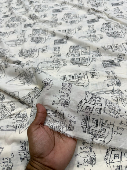 Buy Mul Cotton White Base Kids Print In Black Fabric