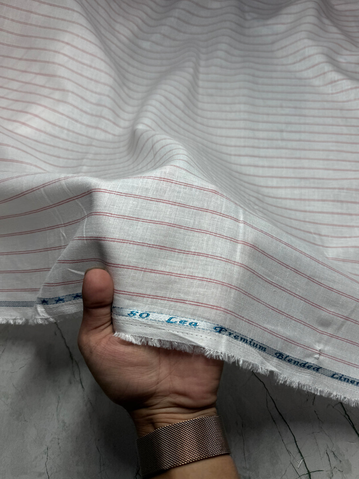 Buy 80 Lea Pure Linen Pink Double Line Stripe Shirting Fabric