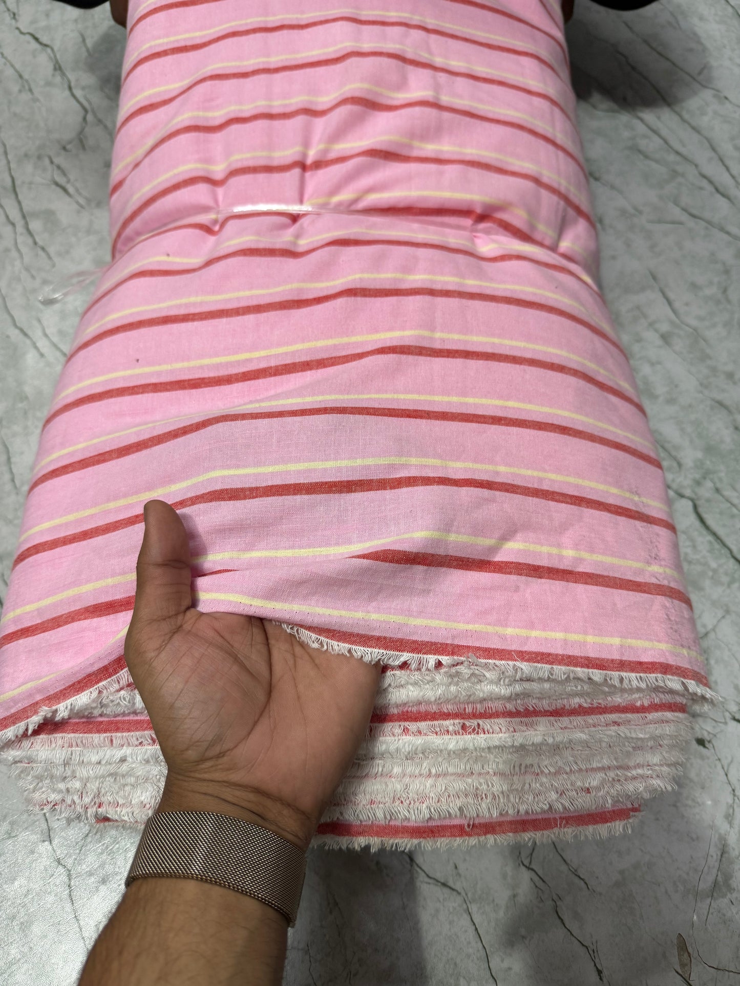 Buy Cotton Linen Pink Base Red Stripe Printed Fabric - MAF 
