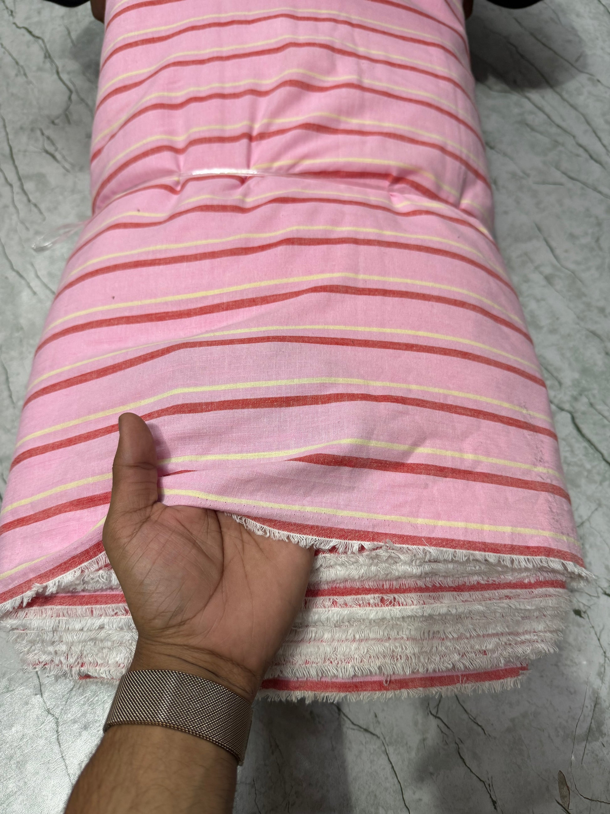 Buy Cotton Linen Pink Base Red Stripe Printed Fabric - MAF 