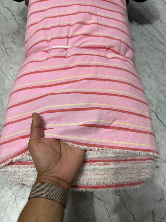 Buy Cotton Linen Pink Base Red Stripe Printed Fabric - MAF 