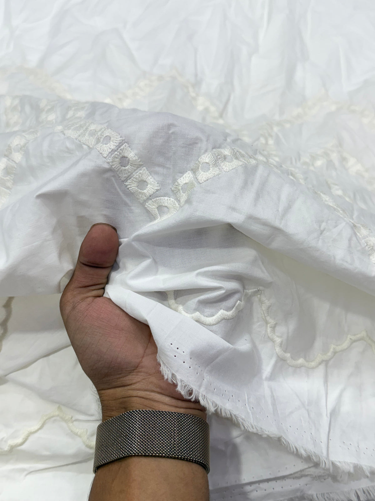 Buy Cotton Hakoba White Diamond Ogee Cutwork Fabric