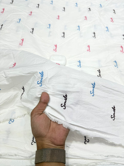 Buy Cotton Poplin White Multicolor Smile Text Embroidery Fabric