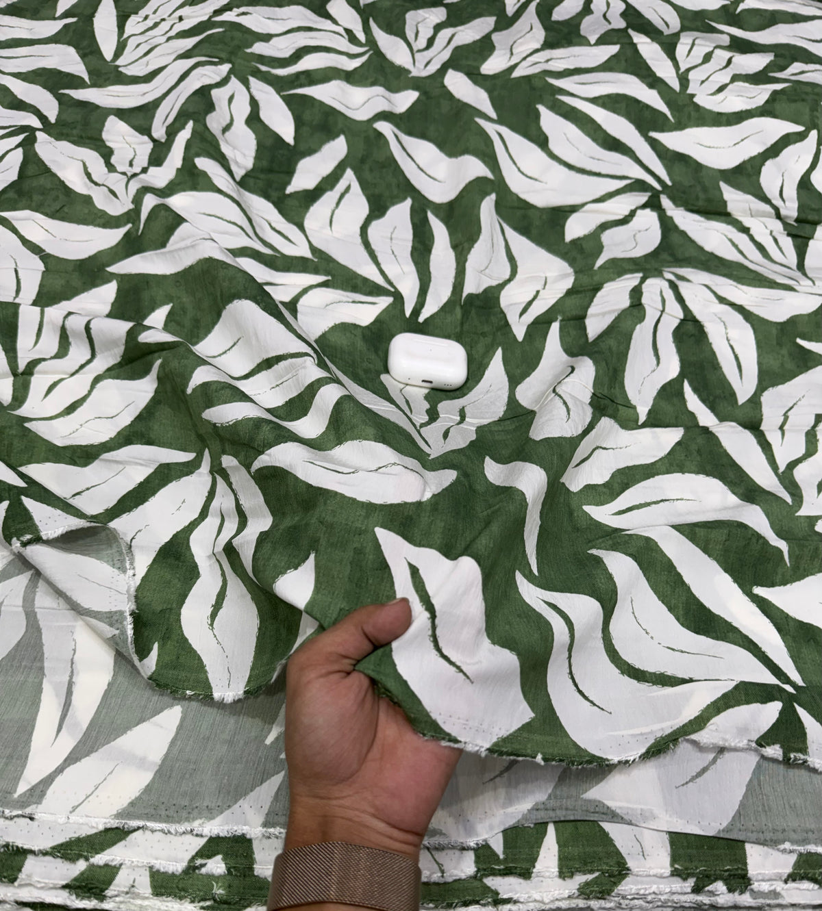 Buy Cotton Viscose Green White Tropical Leaf Print Fabric