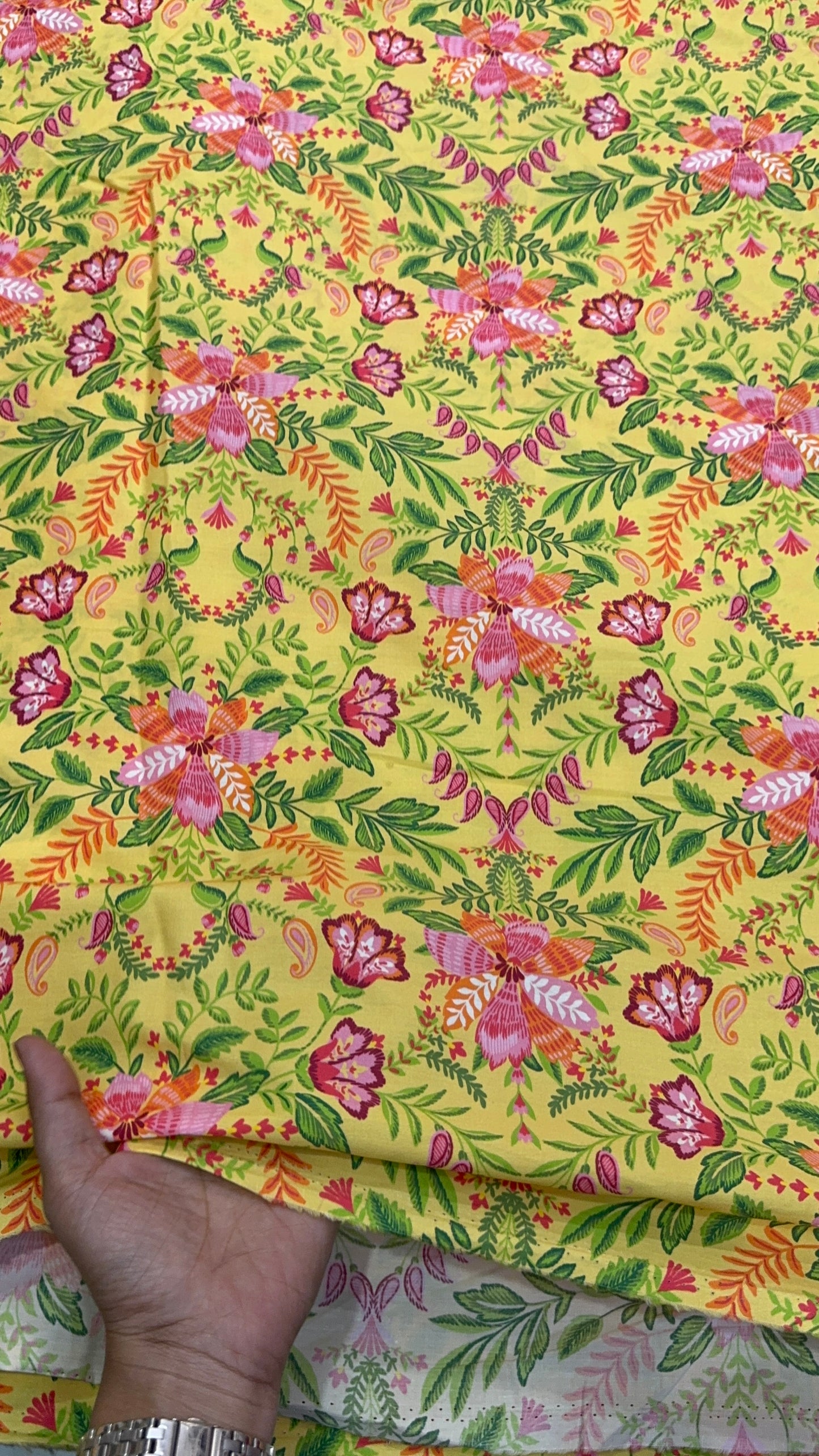 Buy Mul Cotton Yellow Base Floral Printed Fabric