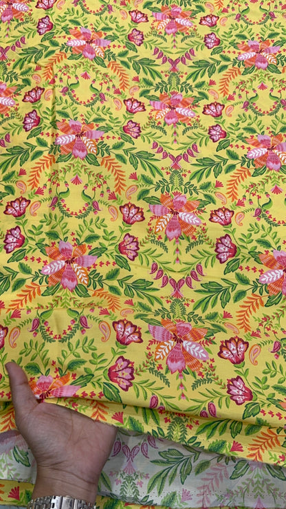 Buy Mul Cotton Yellow Base Floral Printed Fabric