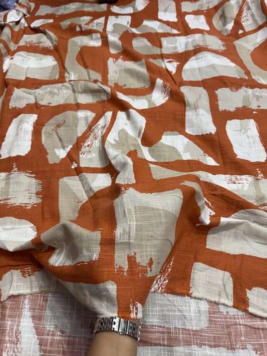 Buy Cotton Linen Rust Orange Base Abstract Block Print Fabric