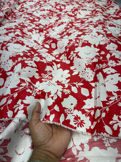Buy Cotton Poplin Pinkish Red Base White Floral Printed FABRIC