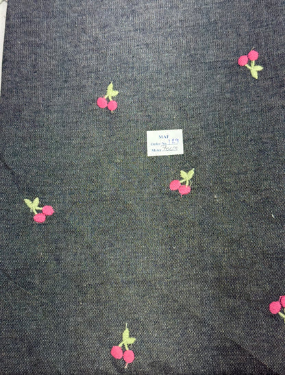 Buy Cutpiece Washed Grey Denim Cherry Embroidery 70 Centimeter