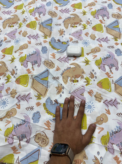 Buy Premium Fine Cotton Linen Multicolor Dinosaur Print Fabric