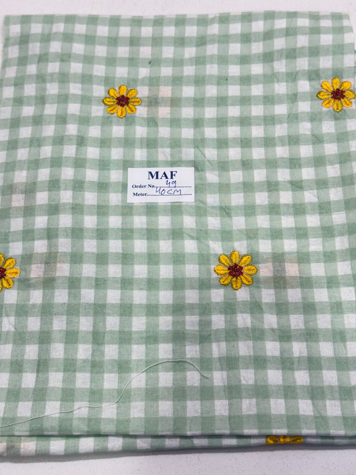 Buy Cutpiece Mint Green Flower Embroidery Gingham Check 40 Centimeter