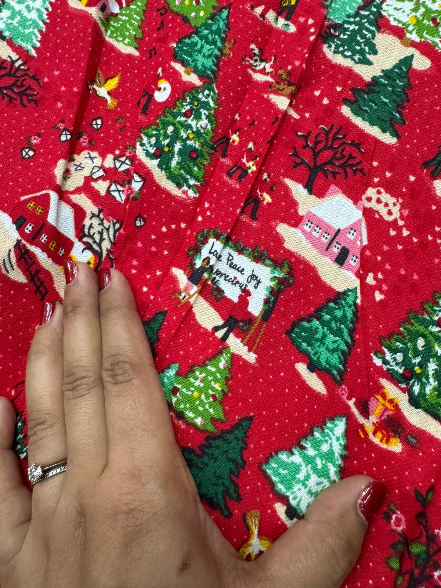 Buy Cotton Twill Red Base Christmas Tree House Printed Fabric