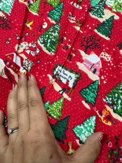 Buy Cotton Twill Red Base Christmas Tree House Printed Fabric