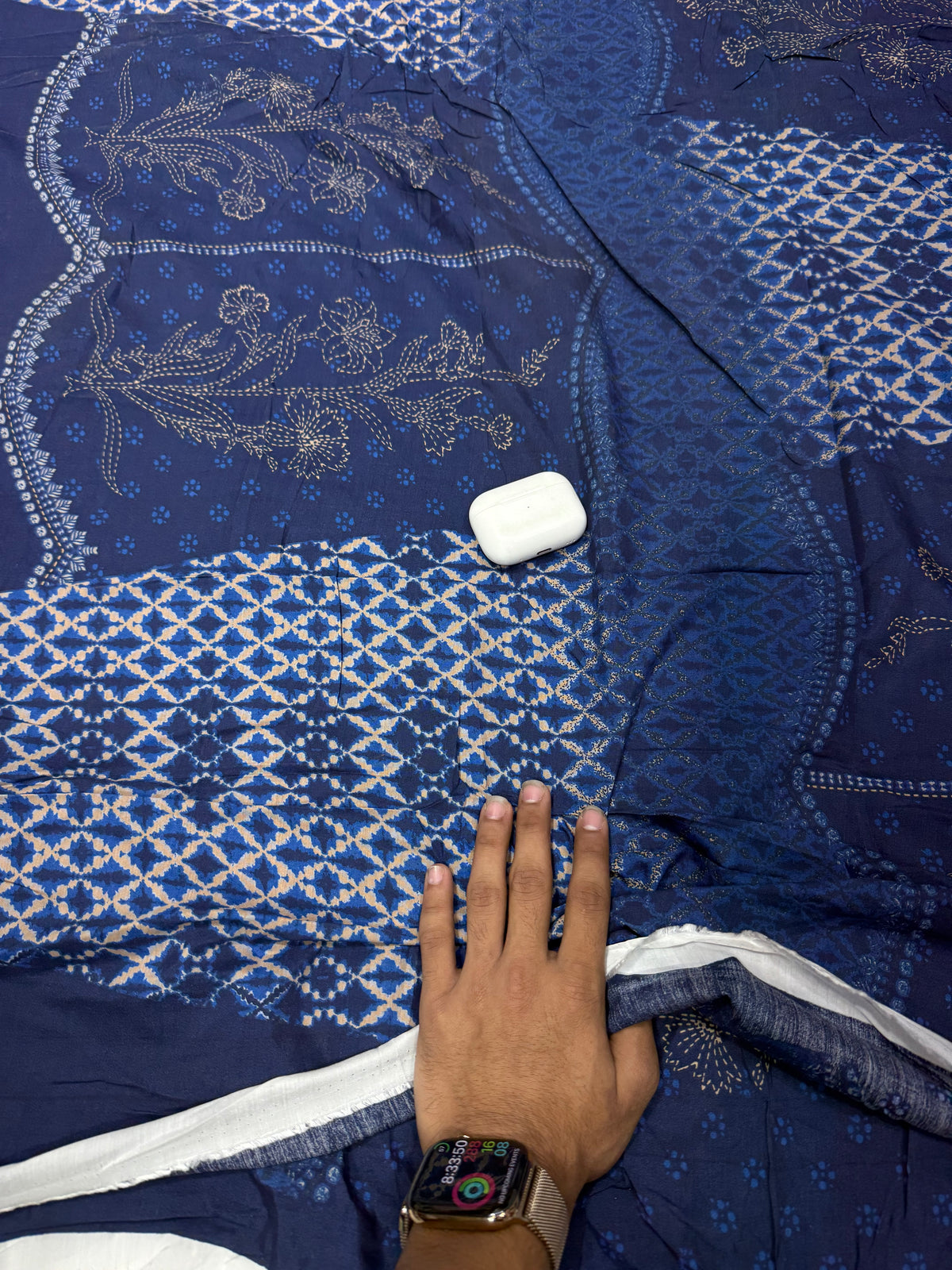 Buy Cotton Cambric Navy Diamond Trellis Floral Embroidery Print Fabric