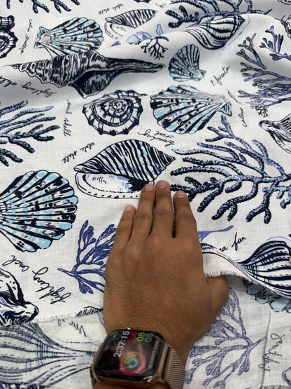 Buy Pure Linen Blue Nautical Seashell Coral Print Fabric
