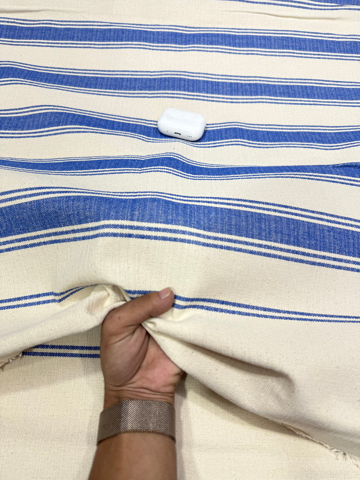 Buy Cotton Jacquard Cream Blue Stripe Fabric