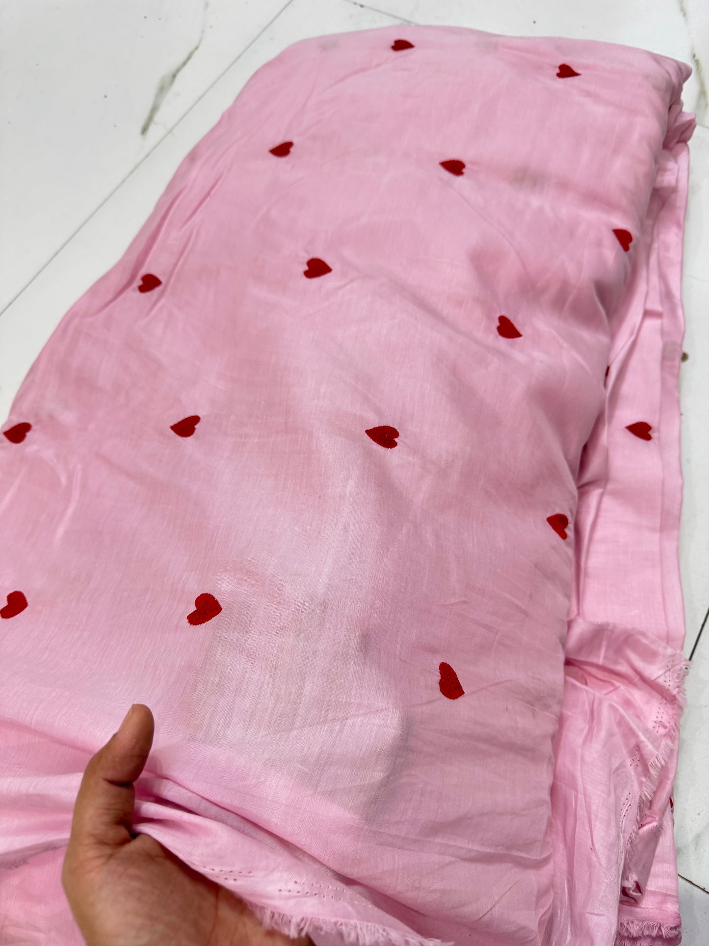 Buy Mul Cotton Baby Pink Base Red Heart Embroidery Fabric