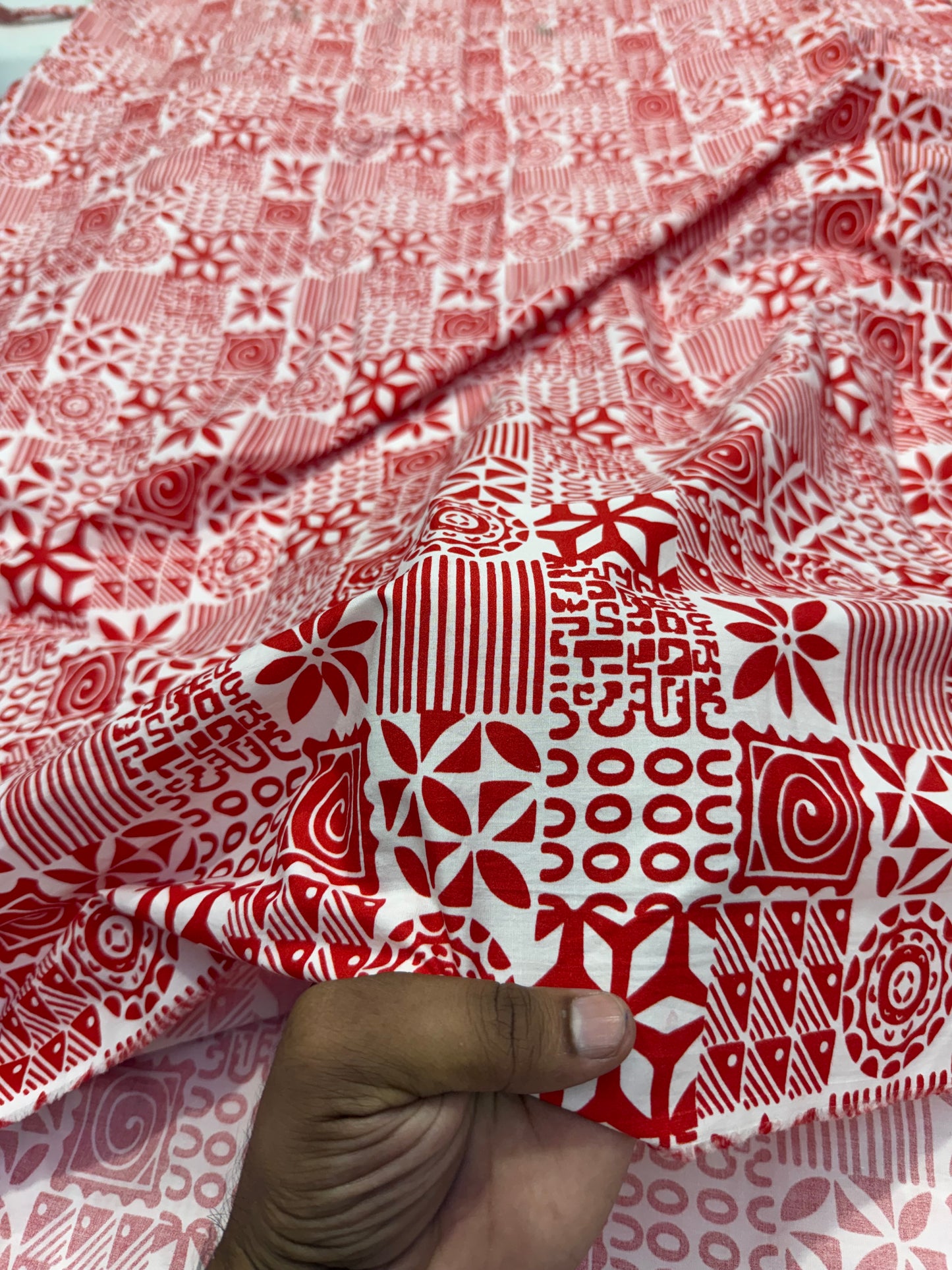 Buy Cotton Poplin Red Square Panel Multi Printed Fabric