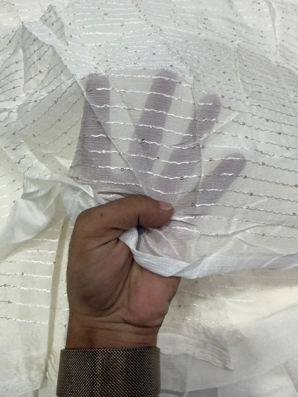 Buy Premium Viscose Chiffon White Wavy Stripe Sequin Fabric