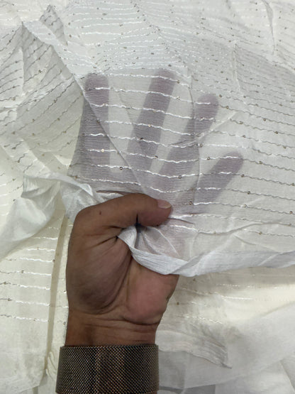 Buy Premium Viscose Chiffon White Wavy Stripe Sequin Fabric